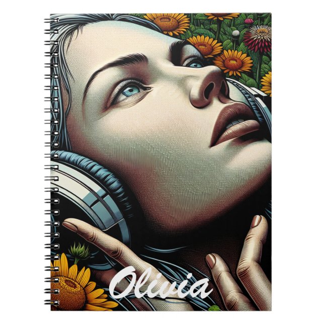 Beautiful Woman with Headphones in Sunflowers Notebook (Front)