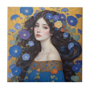 Beautiful Woman With Morning Glories Ceramic Tile