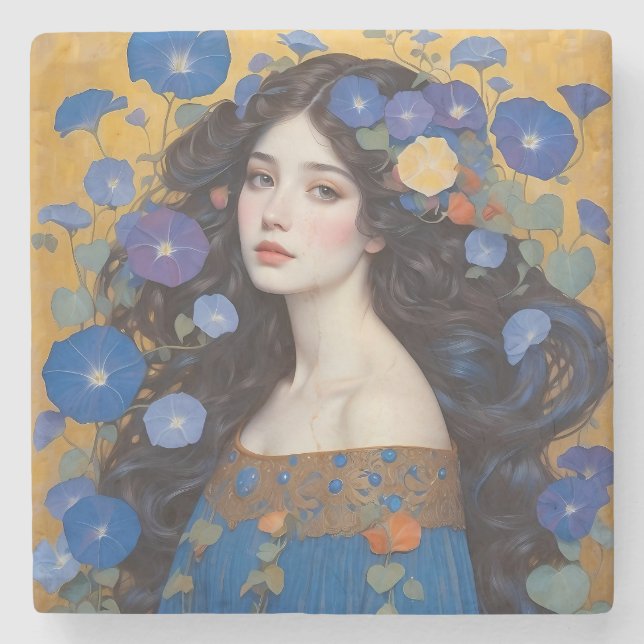 Beautiful Woman With Morning Glories  Stone Coaster (Front)