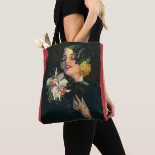beautiful woman with orchids tote bag