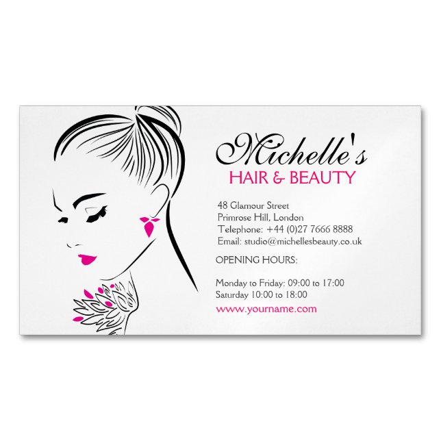 Beautiful woman with pink earrings branding 	Magnetic business card (Front)
