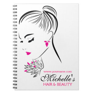 Beautiful woman with pink earrings branding notebook