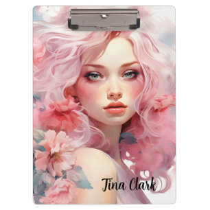 Beautiful Woman with Pink Hair and Pink Dress Clipboard