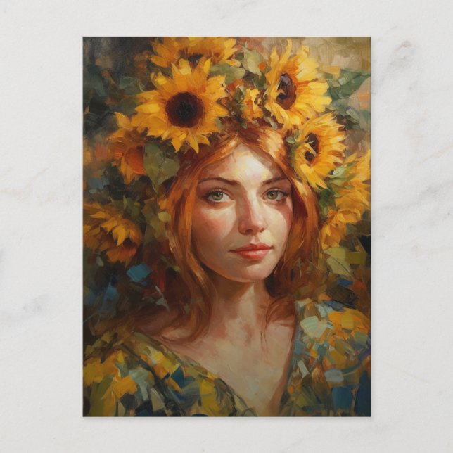 Beautiful Woman with Sunflowers Postcard (Front)