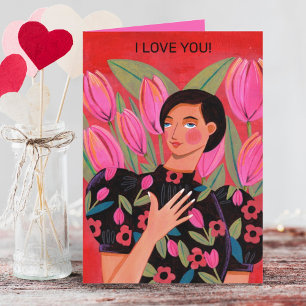 Beautiful woman with tulip heart Valentine's Day  Card