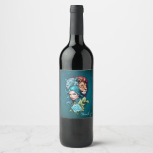 Beautiful woman's head with expressive eyes wine label