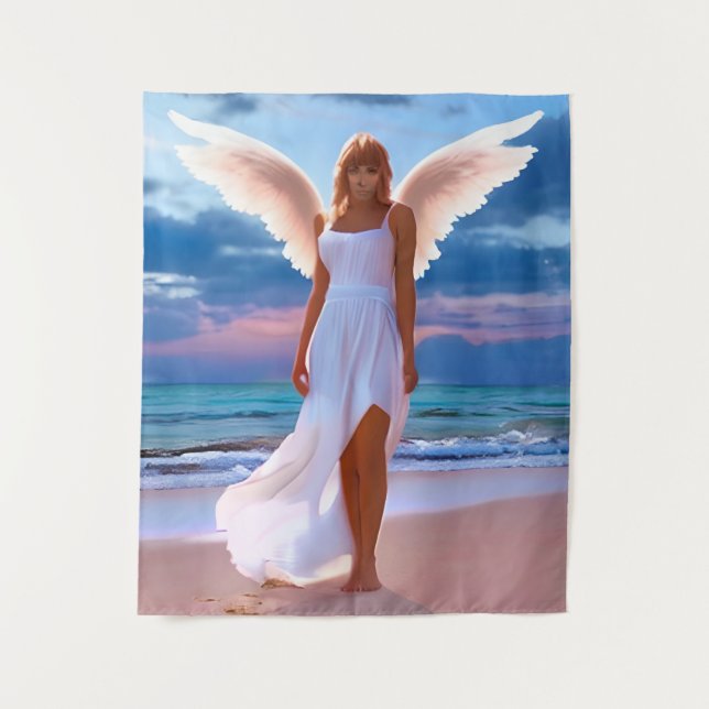 Beautiful Women with Angel Wings on a Beach Tapestry (Front)