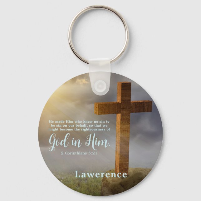 Beautiful Wooden Cross Bible Verse Personalised Key Ring (Front)