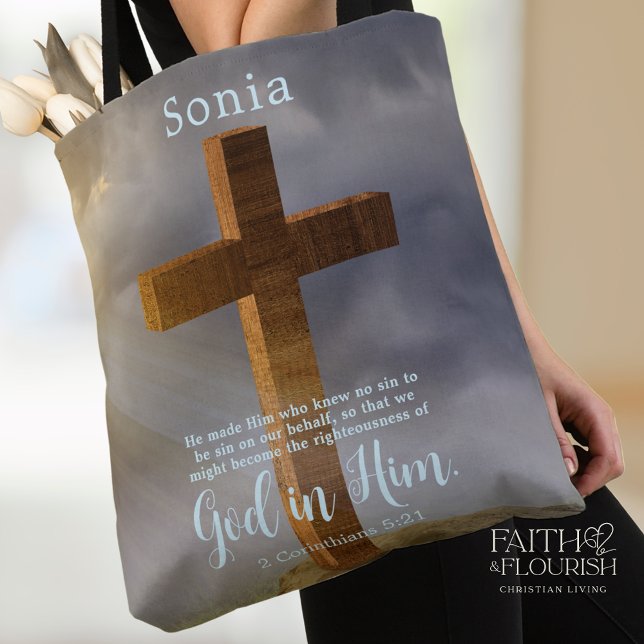 Beautiful Wooden Cross Scripture Personalised Tote Bag (Creator Uploaded)