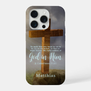 Beautiful Wooden Cross Scripture Personalized iPhone 15 Pro Case