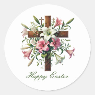 Beautiful wooden Easter Cross Classic Round Sticker