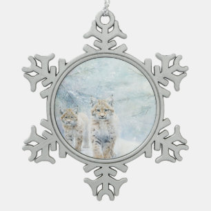 Beautiful Woodland Animals Bobcats Snowflake Pewter Christmas Ornament