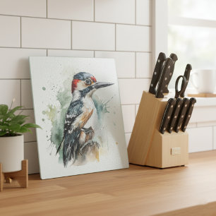 Beautiful woodpecker sitting on a wooden pole cutting board