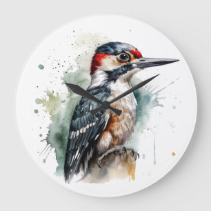 Beautiful woodpecker sitting on a wooden pole large clock
