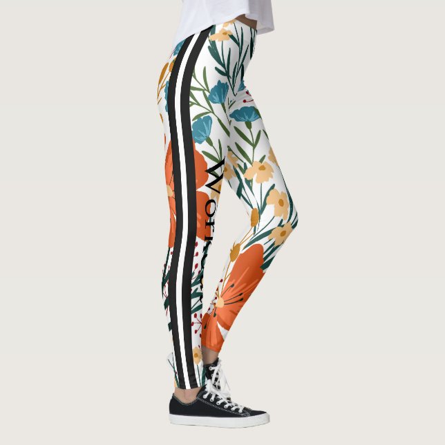 Beautiful workout text l Cute floral White Orange Leggings (Right)