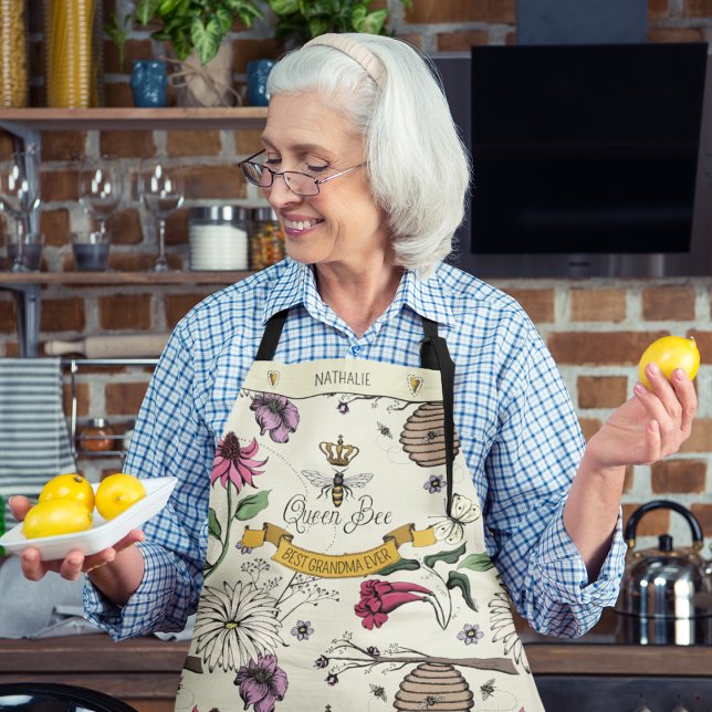 Beautiful Yellow and Black Queen Bee for Grandma Apron (Pretty Hand-drawn Queen Bee Custom Name & Message.
Custom Strap Color.)