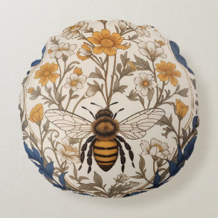 Beautiful Yellow and Blue Floral Vintage Bee Round Cushion