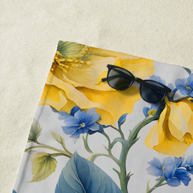 Beautiful Yellow and Blue Flowers Beach Towel (In Situ)