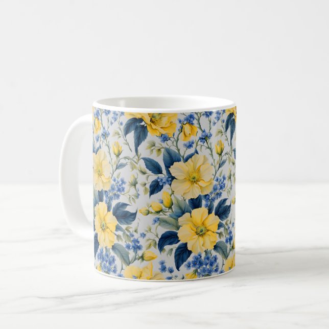 Beautiful Yellow and Blue Flowers Mug (Front Left)