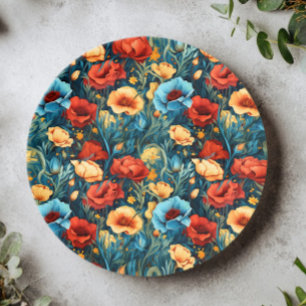 Beautiful Yellow Blue and Red Flowers Pattern Paper Plate