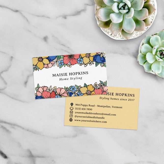 Beautiful Yellow Blue Coral Florals Business Card (Creator Uploaded)