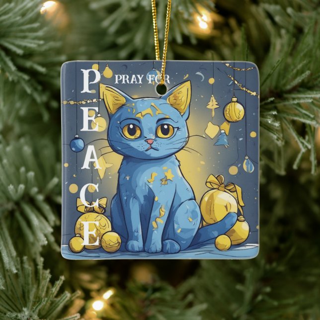 Beautiful Yellow Cat with Blue Eyes - ukraine Ceramic Ornament (Tree)