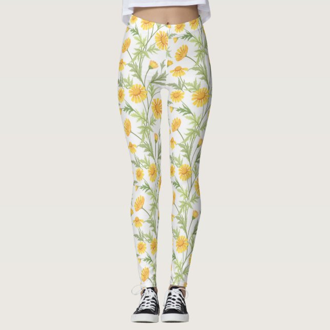 Beautiful Yellow Daisy Flowers Pattern Leggings (Front)