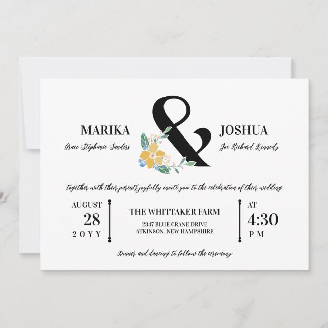 Beautiful Yellow Floral Ampersand 2 in 1 Wedding Invitation (Front)