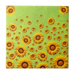 Beautiful yellow flowers on abstract green   ceramic tile