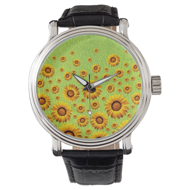 Beautiful yellow flowers on abstract green watch (Front)