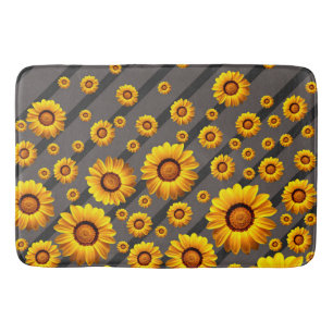 Beautiful yellow flowers on grey, black stripes   bath mat