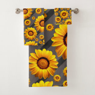 Beautiful yellow flowers on grey, black stripes bath towel set