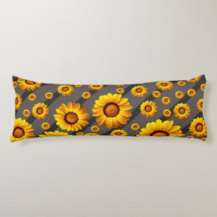 Beautiful yellow flowers on grey, black stripes body cushion