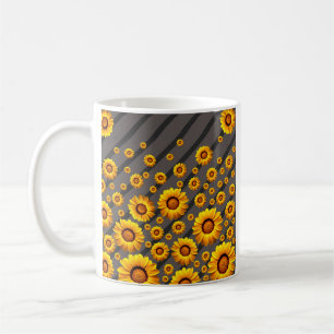 Beautiful yellow flowers on grey, black stripes coffee mug