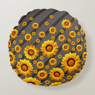Beautiful yellow flowers on grey, black stripes round cushion
