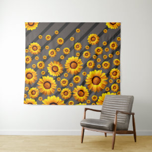 Beautiful yellow flowers on grey, black stripes tapestry