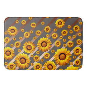 Beautiful yellow flowers on grey, brown stripes   bath mat
