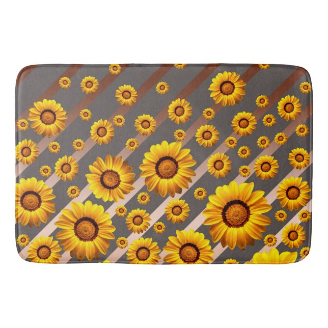 Beautiful yellow flowers on grey, brown stripes   bath mat (Front)