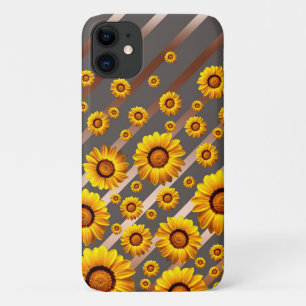 Beautiful yellow flowers on grey, brown stripes iPhone 11 case