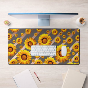 Beautiful yellow flowers on grey, brown stripes   desk mat