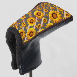 Beautiful yellow flowers on grey, brown stripes golf head cover