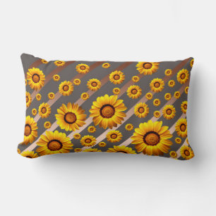 Beautiful yellow flowers on grey, brown stripes lumbar cushion