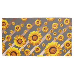 Beautiful yellow flowers on grey, brown stripes pillowcase