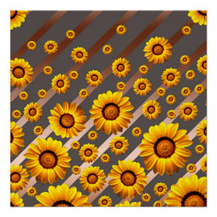 Beautiful yellow flowers on grey, brown stripes poster