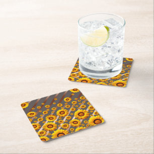 Beautiful yellow flowers on grey, brown stripes square paper coaster