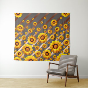 Beautiful yellow flowers on grey, brown stripes tapestry