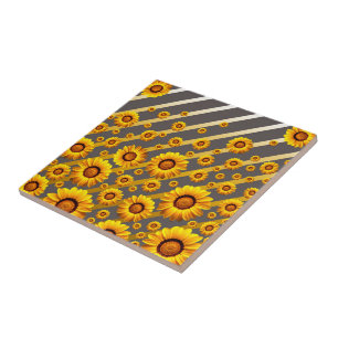 Beautiful yellow flowers on grey, gold stripes ceramic tile