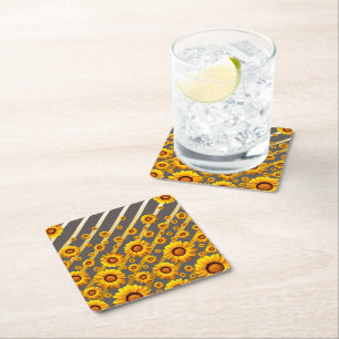 Beautiful yellow flowers on grey, gold stripes square paper coaster