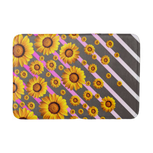 Beautiful yellow flowers on grey, pink stripes  bath mat