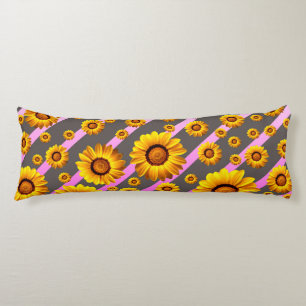 Beautiful yellow flowers on grey, pink stripes  body cushion